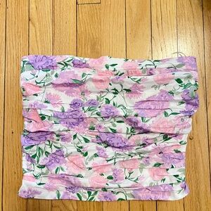 Wayf White Strapless Floral Tube Top with Pink & Lavender Blooms